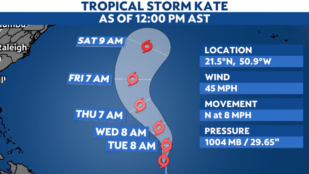 Tropical Storm Kate forms in the open Atlantic