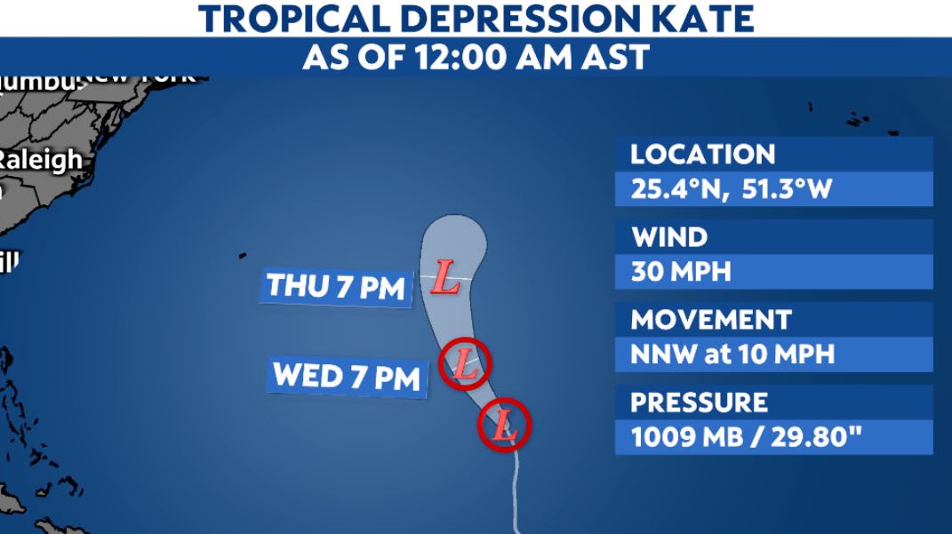 Tropical Depression Kate hangs on in the open Atlantic