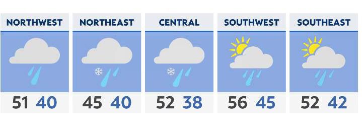 Rain and wet snow return Monday