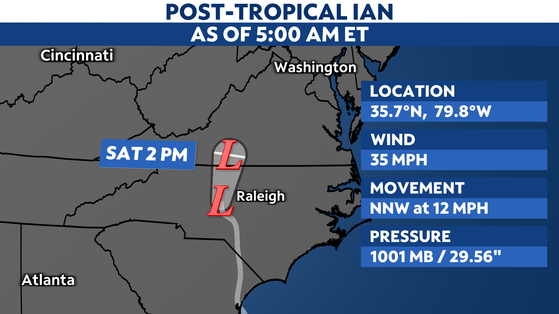 Post-tropical Ian will dissipate over Virginia by tonight