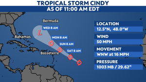 Read more about the article Tropical Storm Cindy strengthens more in the central Atlantic